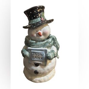 Occasions Festive Snowman piggy bank bobble head  with Black Hat and Green Scarf